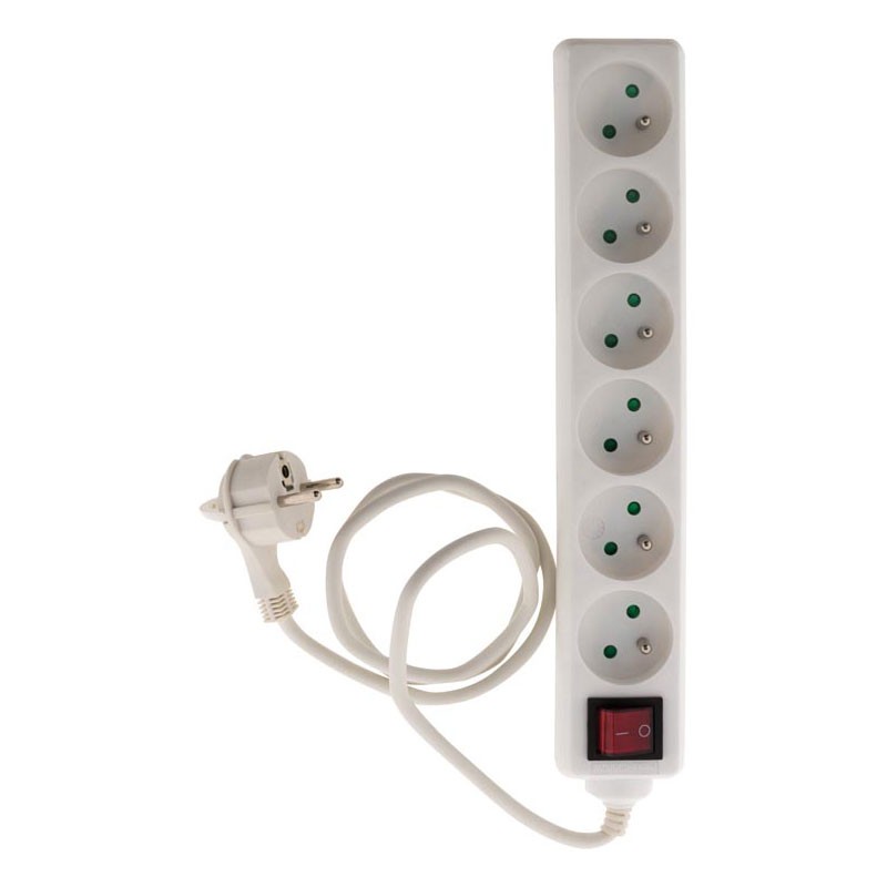 6 tomadas + interruptor + EXTRA FLAT PLUG BRANCO 1 Meter -