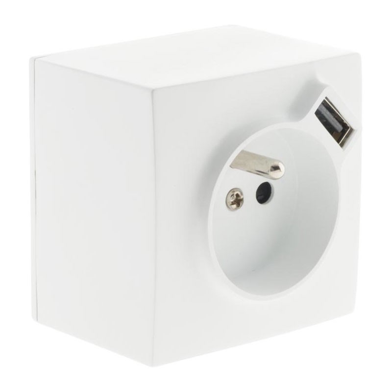 Prise mural pose saillie 2 pôles + Terre + USB 2.4A Blanc