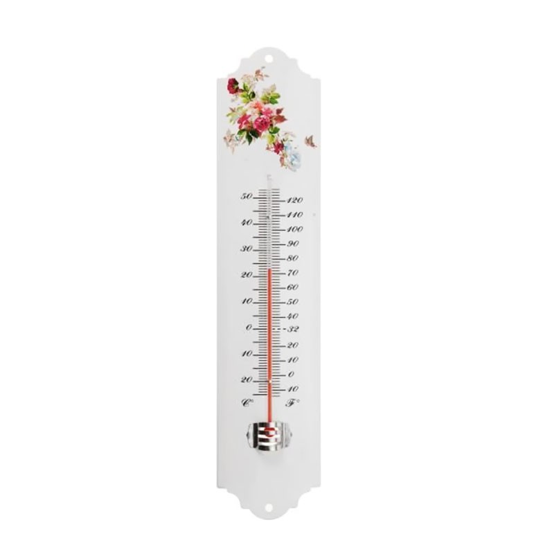 Nature - Thermométre mural métal extérieur en époxy - Blanc fleurs H 30 X 6.5 X 1 cm