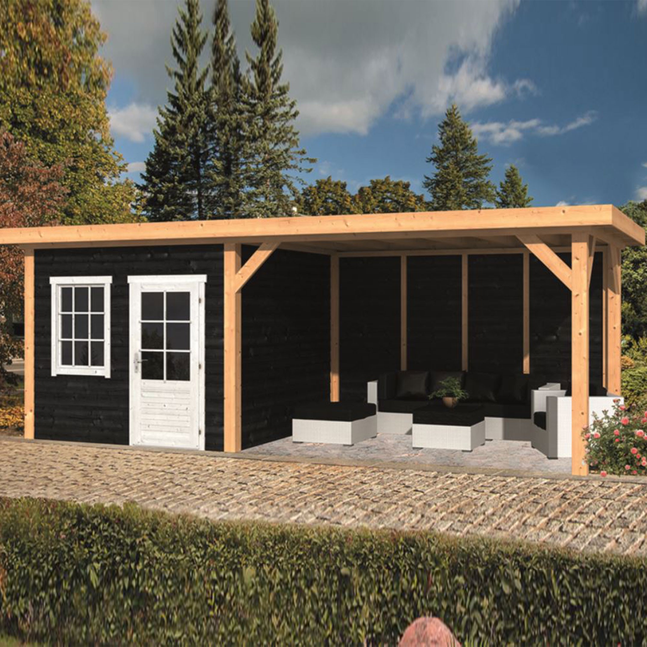 Tuindeco - Tettoia da giardino Holten con rivestimento in larice e vetroresina - Nero