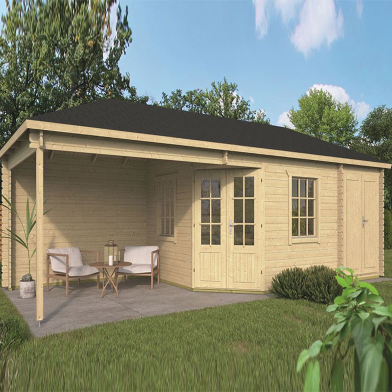 Tuindeco - Chalet bois massif - 45mm - Olson + annexe + au vent de côté - 19.1m²