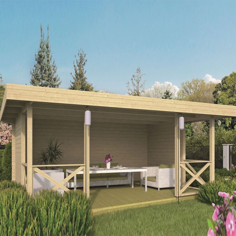 Tuindeco - Offenes Massivholzchalet -10 m² + 6 m² Terrasse - Überdacht - 40 mm Blockbohlen - Konstantin