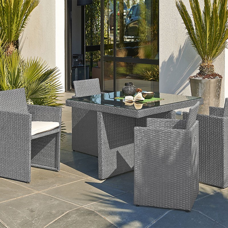 DCB - 4 places - Encastrable - Salon de jardin - Gris - Plateau verre
