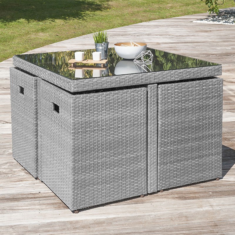 DCB - 4 places - Encastrable - Salon de jardin - Gris - Plateau verre
