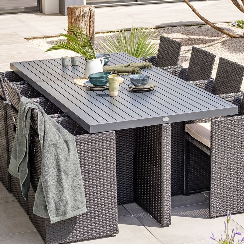DCB - Salon de jardin 8 places - Encastrable - Plateau aluminium - Noir
