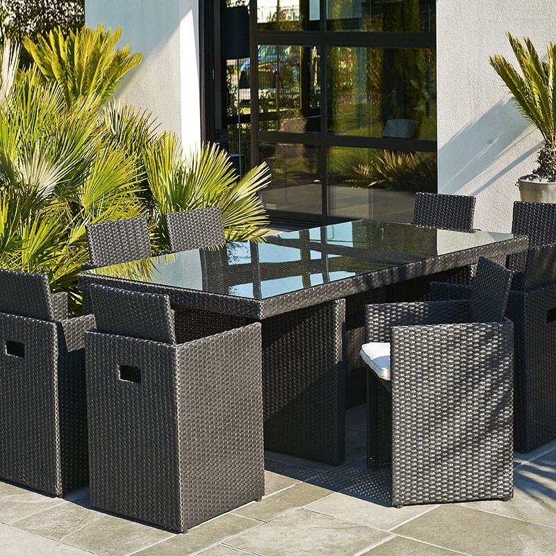 DCB - 8 places - Encastrable - Salon de jardin - Noir - Plateau en verre