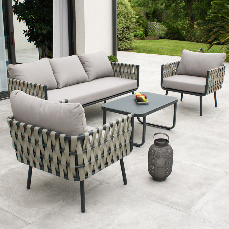 DCB - 5 places - Salon bas de jardin Antibes - Aluminium et Lanière en tissu tressée - Gris