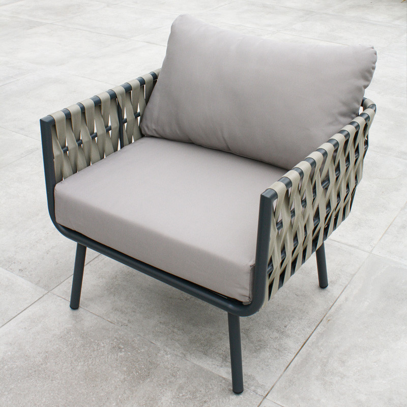 DCB - 5 places - Salon bas de jardin Antibes - Aluminium et Lanière en tissu tressée - Gris