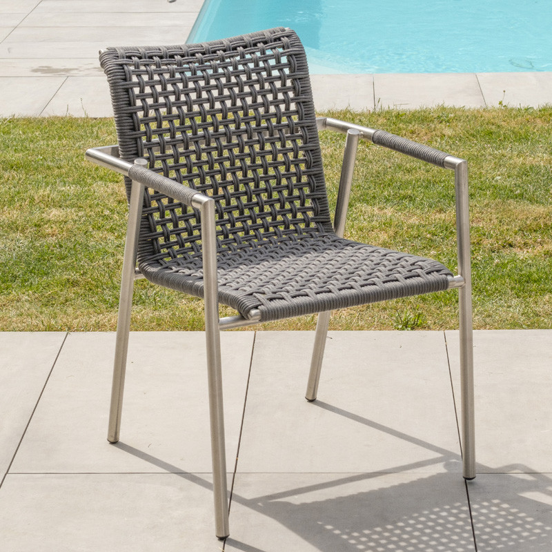 DCB - Fauteuil de Jardin empilable Concarneau - Inox et Corde - Gris