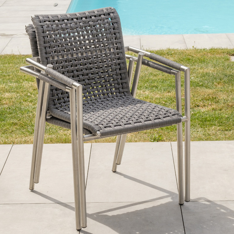 DCB - Fauteuil de Jardin empilable Concarneau - Inox et Corde - Gris
