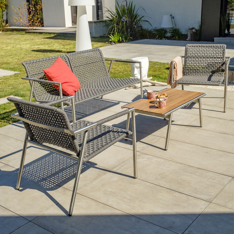 DCB - 4 places - Salon bas de jardin Concarneau - Inox et Corde - Gris