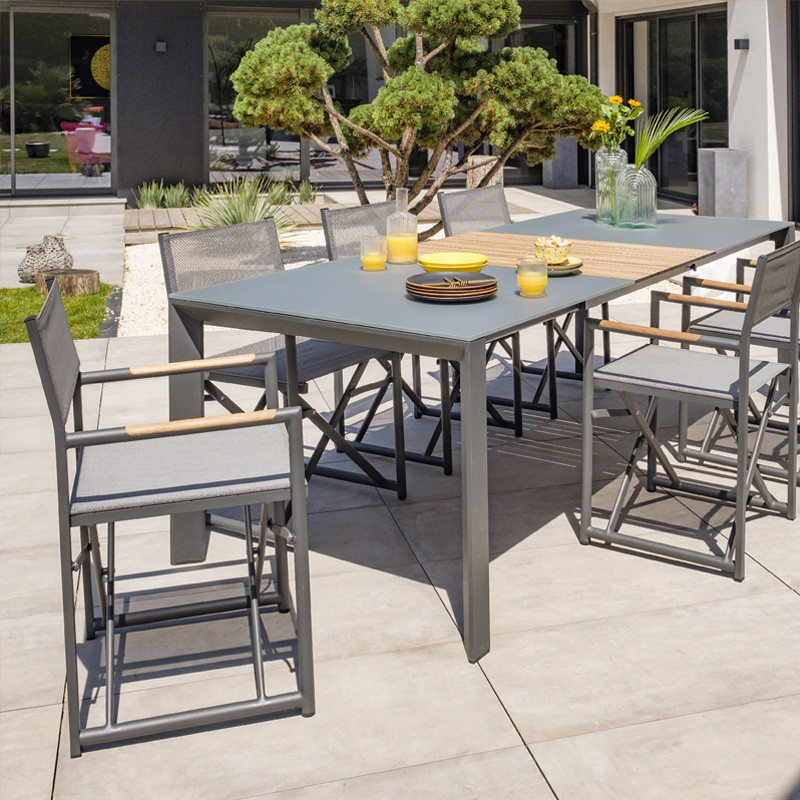DCB - Table de jardin Honfleur - 180/250x100cm - Alu + Plateau en verre + rallonge - Gris anthracite