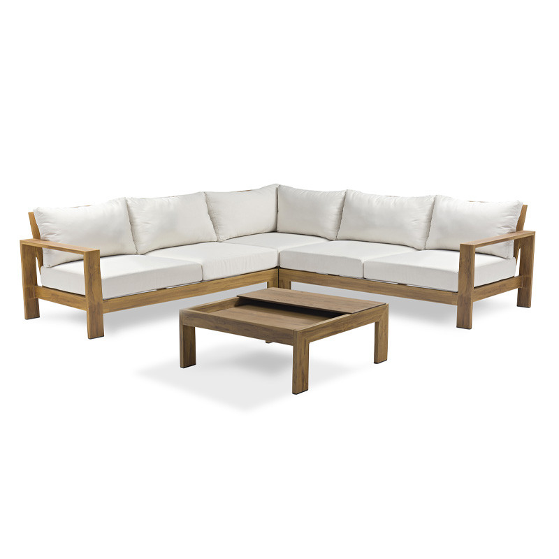 SALON DE JARDIN D'ANGLE MAJORQUE 5 PLACES EN ALU EFFET BOIS - MARRON