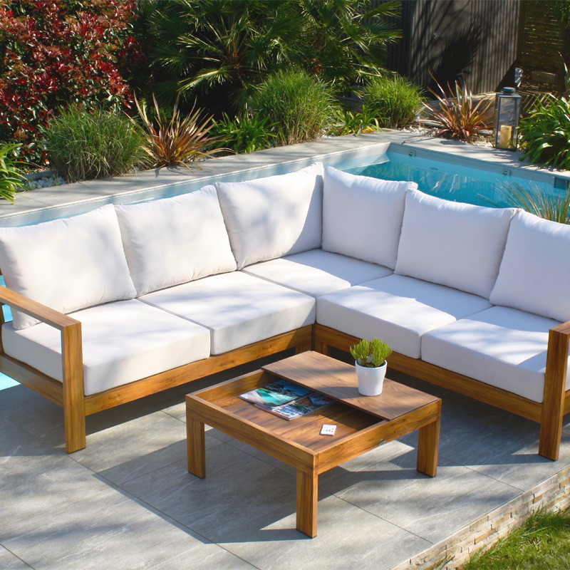 SALON DE JARDIN D'ANGLE MAJORQUE 5 PLACES EN ALU EFFET BOIS - MARRON