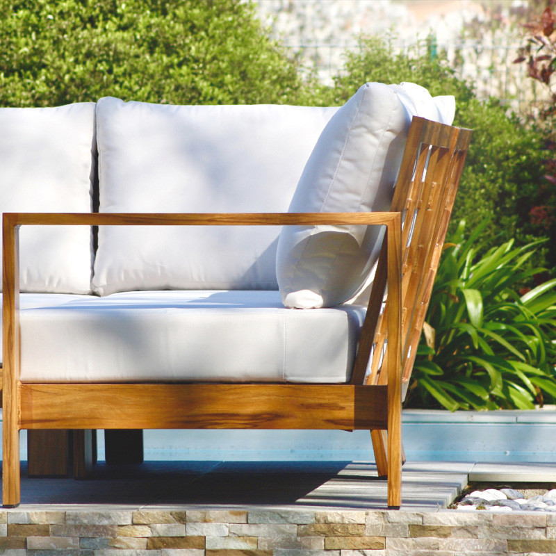 SALON DE JARDIN D'ANGLE MAJORQUE 5 PLACES EN ALU EFFET BOIS - MARRON