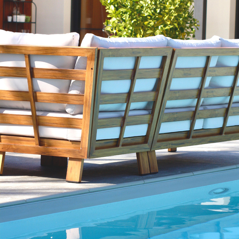 SALON DE JARDIN D'ANGLE MAJORQUE 5 PLACES EN ALU EFFET BOIS - MARRON