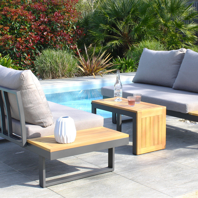 DCB - 4 places - Salon de jardin Modulable Tokyo - Bois d'acacia et Alu - Gris Anthracite