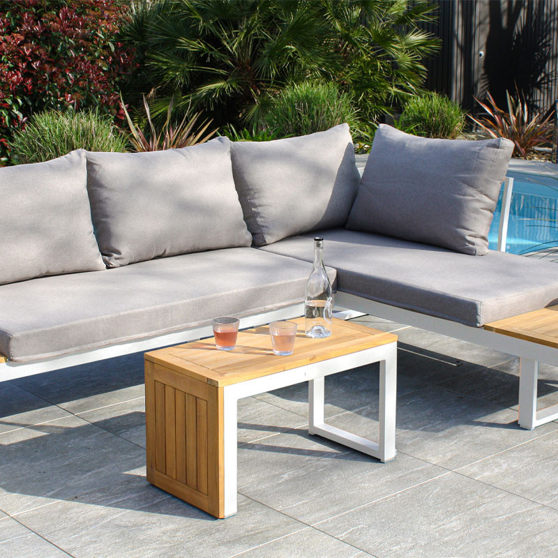 DCB - 4 places - Salon de jardin Modulable Tokyo - Bois d'acacia et Alu - Blanc