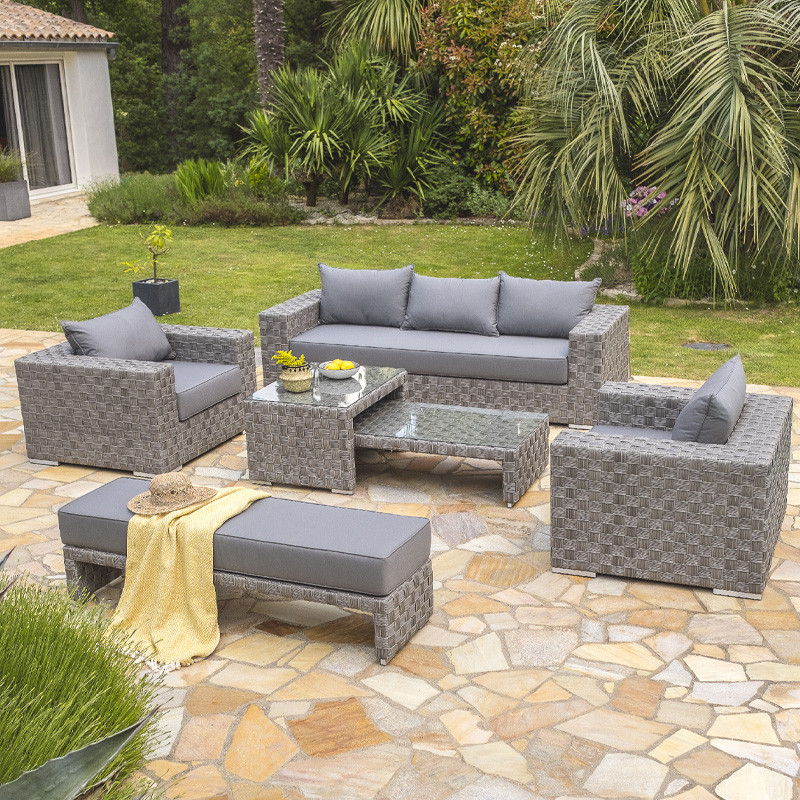 DCB - 3 places - Banc de jardin Tosca + coussin - Résine tressée - Gris