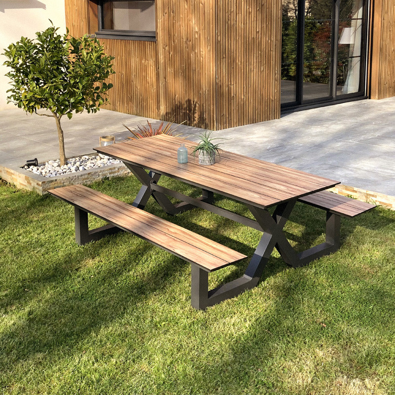 DCB - Table de jardin + bancs Vancouver - 210x174cm - Alu HPL effet bois - Gris anthracite