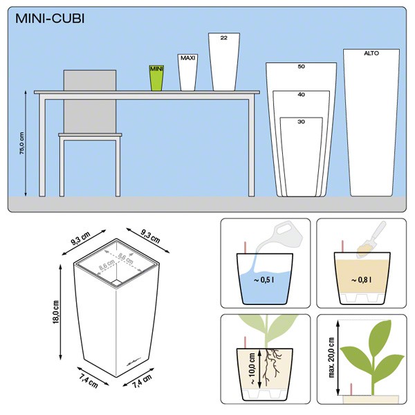Lechuzza Mini Cubi 9 vaso d'argento, vaso idroponico, vaso di riserva 