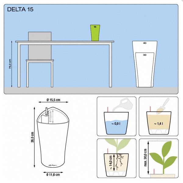 Lechuza Pot Delta Premium 15 Argent, pot avec réserve d'eau
